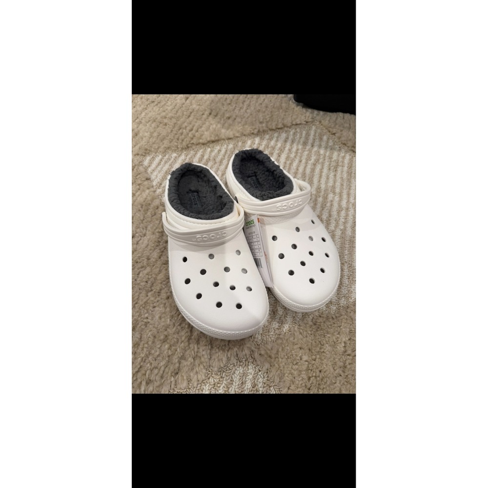Crocs Kids Classic Lined Clog White Charcoal Fleece Fuzzy Size J6 New With Tags